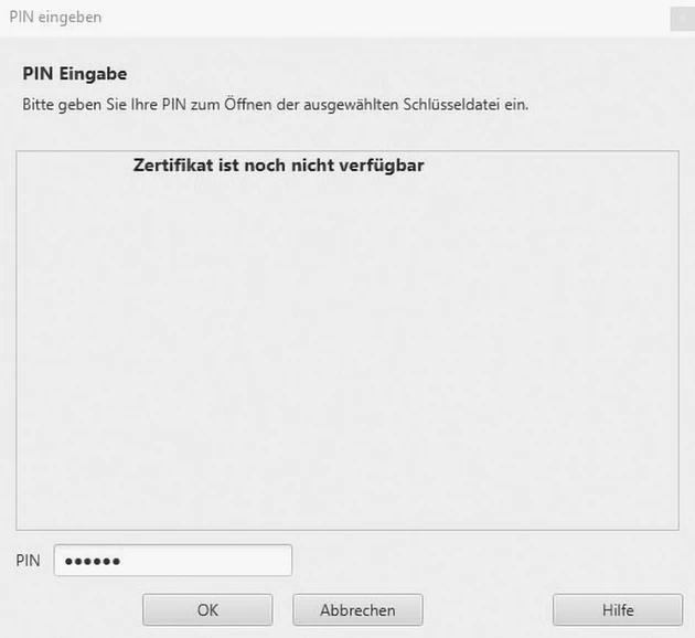 Import_SW-Token_2023_beA-Direkt_Cosack_Zertifikat_noch_nicht_verfuegbar_PIN-Eingabe_sw_300dpi.tif (© IWW Institut)